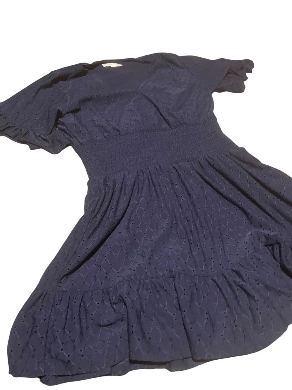 Michael Kors size medium Navy Eyelet Smocked Waist Midi Dress lined like new